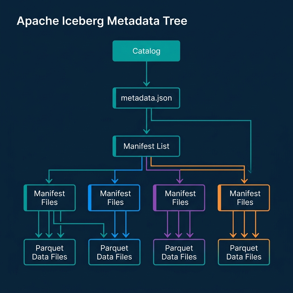 The Iceberg Metadata Tree showing the path from Catalog down to Data Files